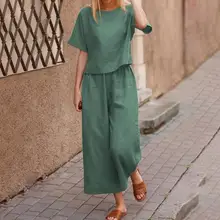 

Two-piece Stylish Round Neck Short Sleeve T-shirt Cropped Pants Clothes Outfit Mid Waist for Daily Wear