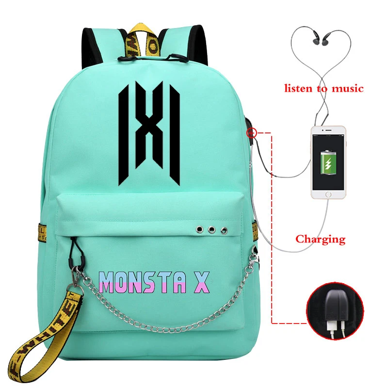 Mochila MONSTA X Рюкзак KPOP Bookbag школьные сумки для девочек-подростков женский рюкзак Usb зарядка Рюкзак для ноутбука рюкзак для путешествий