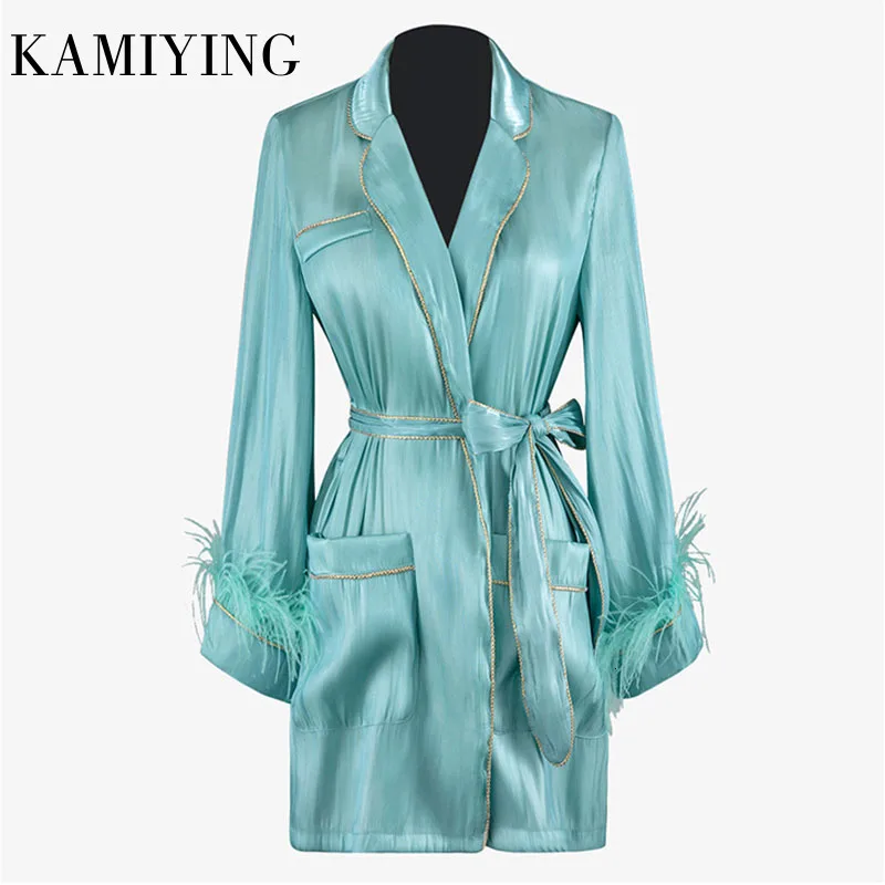 

KAMIYING Elegant Bowknot Patchwork Feather Coat Female Long Sleeve Lapel Collar Lace Up Womens Coats Fashion New 2020