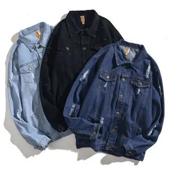 

Men Cotton Light Blue Denim Jackets Ripped Holes Jeans Jackets Casual Streetwear Men's Outwear Male Slim Denim Jackets Coats