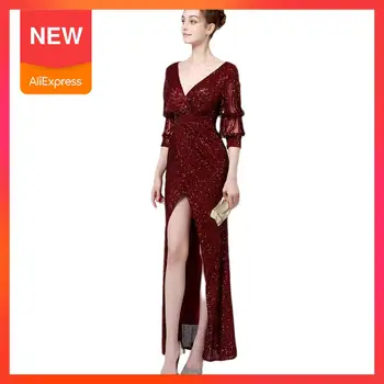 

New Womens Dress Noble Banquet Etiquette Pearl Temperament Elegant Long Dress Queens Model Mid Sleeve Sequin Sexy Fishtail Dress