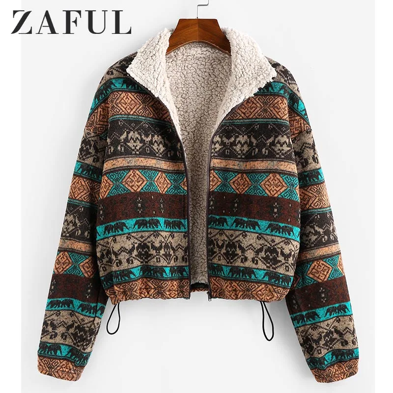  ZAFUL Tribal Print Plaid Faux Fur Lined Jacket Women High Waist Hoodies Sweatshirts Autumn Spring V