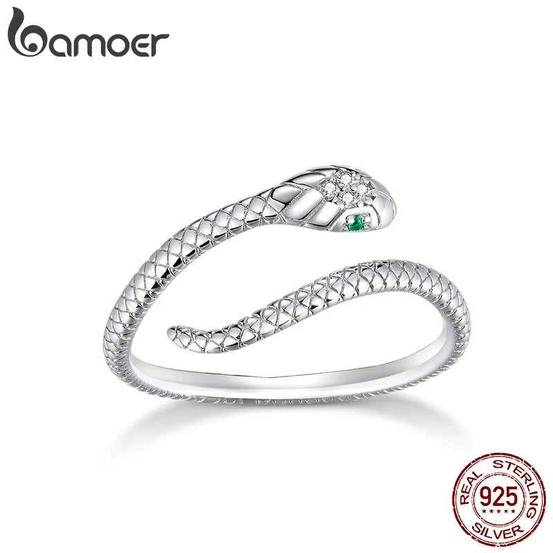 bamoer Sterling Silver Platinum Plated Adjustable Ring, Green Zircon Retro Textures Snake Ring Fashion Jewelry SCR666