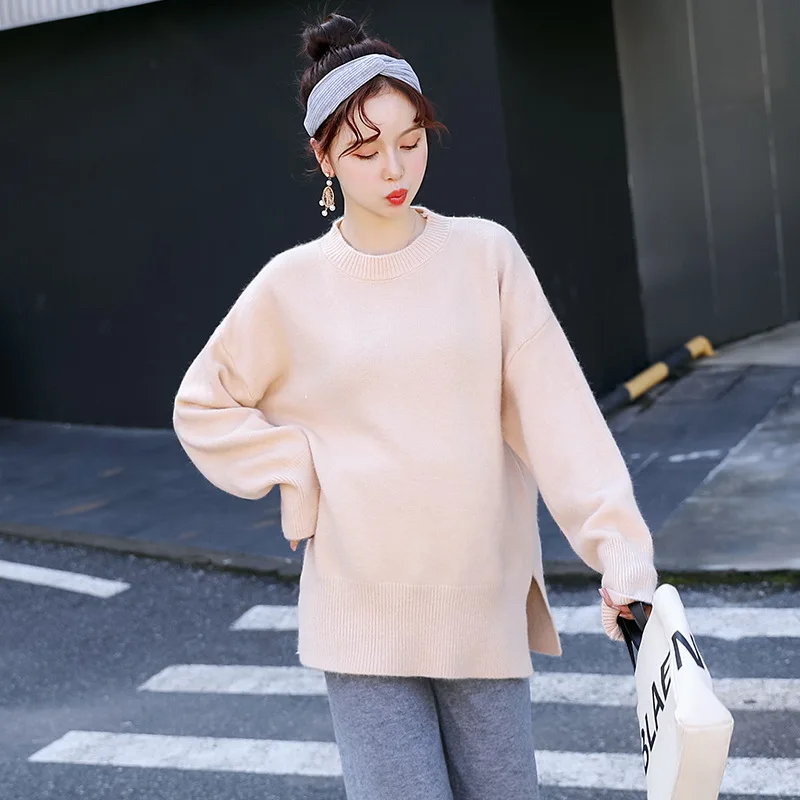 Beige Свитер для беременных с круглым вырезом; Однотонный для беременных; зимняя верхняя одежда; коллекция года; Свободный Вязаный топ средней длины; свитер для беременных - Цвет: Beige