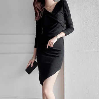 

JS637J-Women's new style in autumn and winter 2019 V-neck fit medium length knitted skirt dress