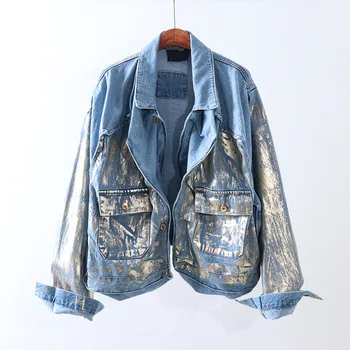 

Streetwear Fashion Brush Gold Denim Jacket Coat Women Autumn Loose Chaquetas Mujer Pocket Long sleeve Short Jeans Jacket Female