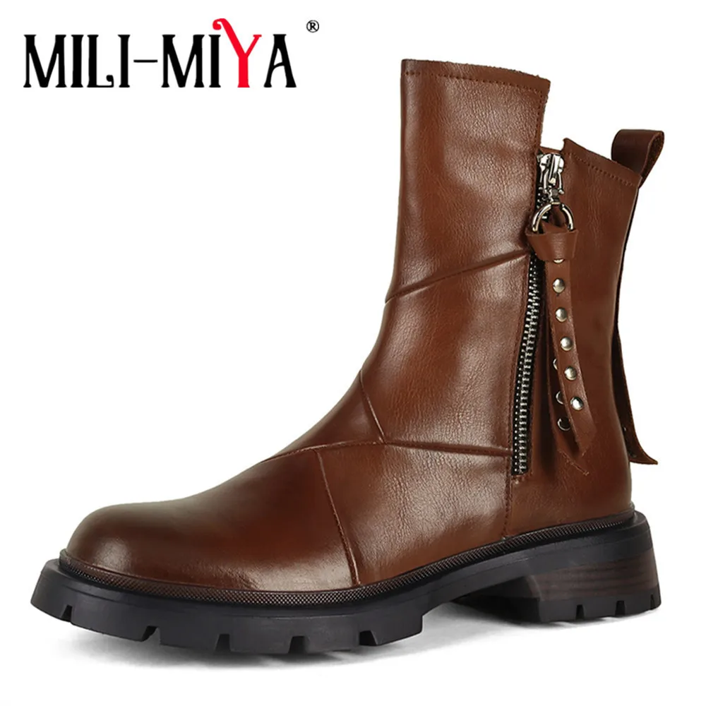 

MILI-MIYA Autumn Winter Women Platform Zip Motorcycle Ankle Boots Women 2022 Fashion Chunky Heels Designer Daily Life Wild Shoes