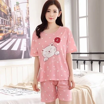 

2020 Summer Cute Cartoon Cat Womens Pajamas O Neck Tops Shorts Female Pajama 2 Piece Set Casual Cozy Girl Sleepwear Home Clothes