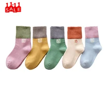 5 пар, вязанные хлопковые детские носки с принтом для маленьких девочек Детские однотонные хлопковые носки качественные осенние носки для мальчиков# ZB
