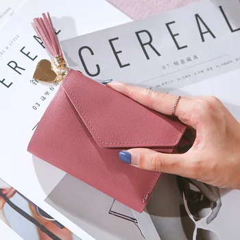 

New Ladies Wallet Female Tassel Pendant Lychee Pattern Wallet Card Bag Coin Purse Short Solid PU Women Wallet