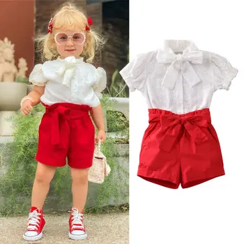

2020 New Hot Toddler Kid Baby Girls Bow-tie Short Sleeve Tops Shirts+Bandage Shorts Party Outfits 2Pcs Clothes Summer Suit 1-5T