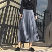 Женские осенне-зимние модные плиссированные юбки, эластичная высокая талия, одноцветная юбка трапециевидной формы, замшевая Офисная Женская юбка