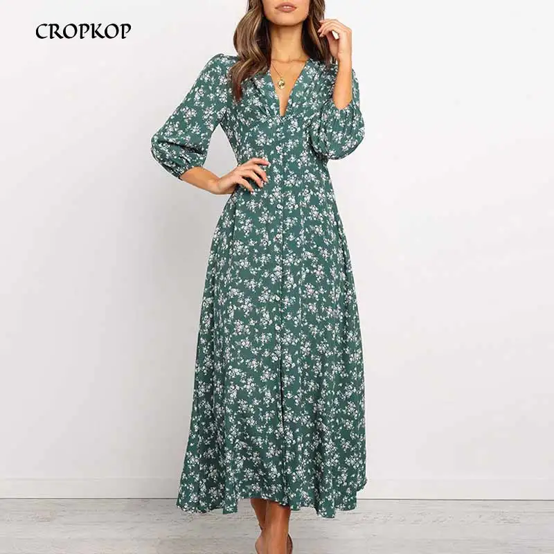 

Autmn Long Chiffon Dress V-neck Elegant Green Vintage Floral Womens Long Sleeve Clothing Slim Dresses Ladies Jumper Dress