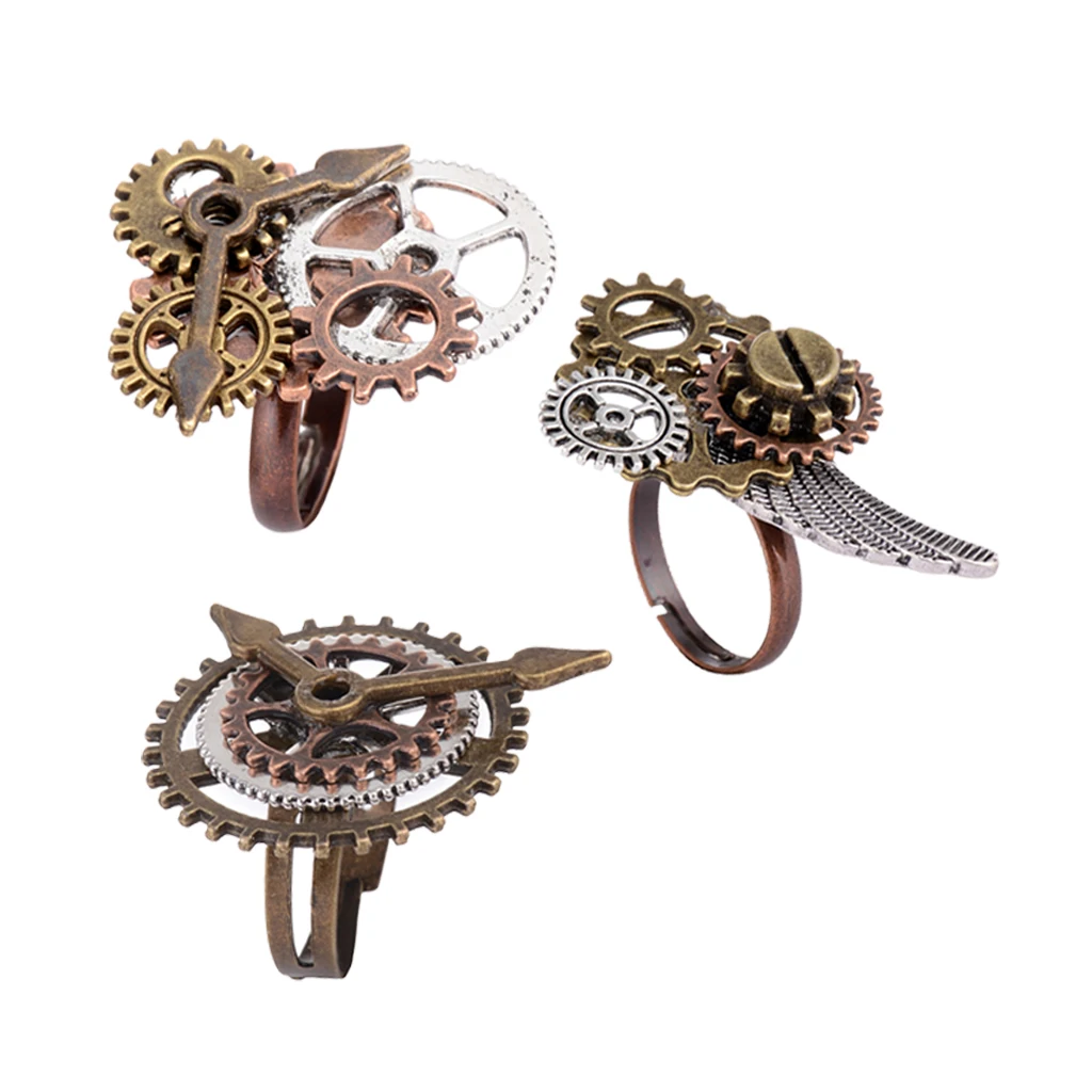 3 Pcs Women Men Vintage Steampunk Watch Part Gears Punk Antique Copper Adjustable Rings Fashion Jewelry