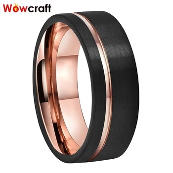 

Mens Tungsten Wedding Ring Rose Gold Black Plated Offset Grooved Brushed Finish Engagement Rings Flat Tow Tone Color Rings