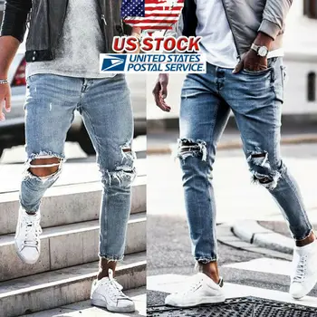 

Men's Ripped Skinny Biker Jeans Destroyed Frayed Slim Denim Pants Trousers US