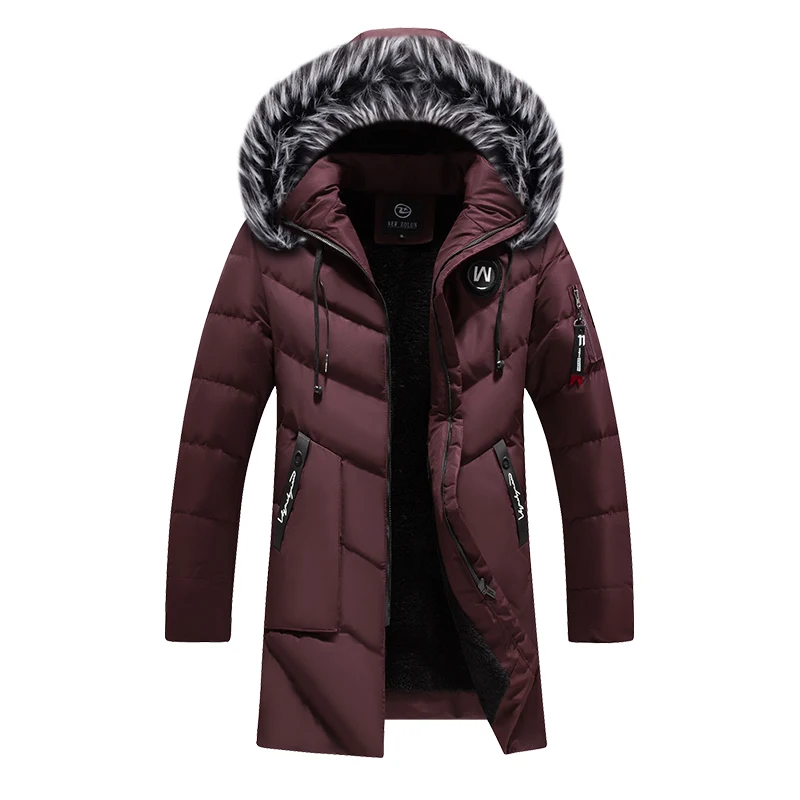 Зимние меховые мужские парки с капюшоном, хлопок, с подкладкой, длинные пальто, брендовая одежда, модная Толстая Теплая мужская ветровка, куртки, пальто - Цвет: Red HQ918