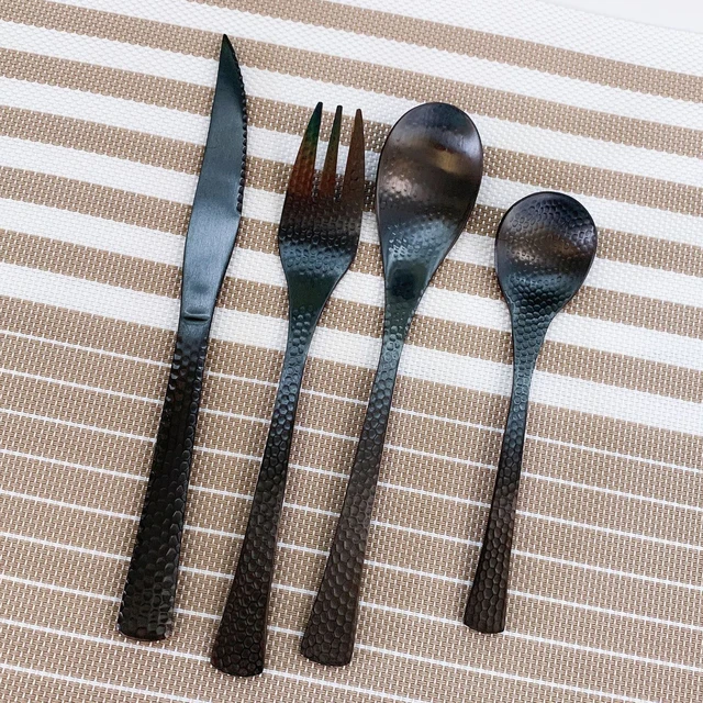 Full Hammered Black Tableware 304 Stainless Steel Luxury Cutlery Set Steak Knife Teaspoons Forks for Home Kitchen Utensils Set of 4