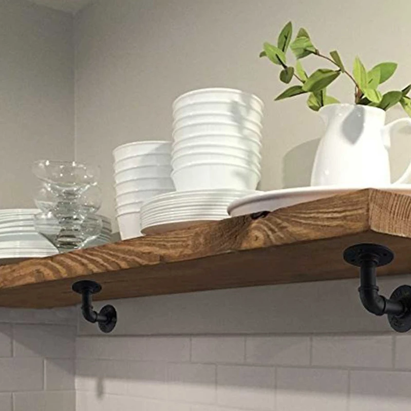 2PC Vintage Handicraft Urban Industrial Wall Mount Wood Storage Shelf Iron Pipe Floating Hanging Shelf Pipe Brackets Industrial