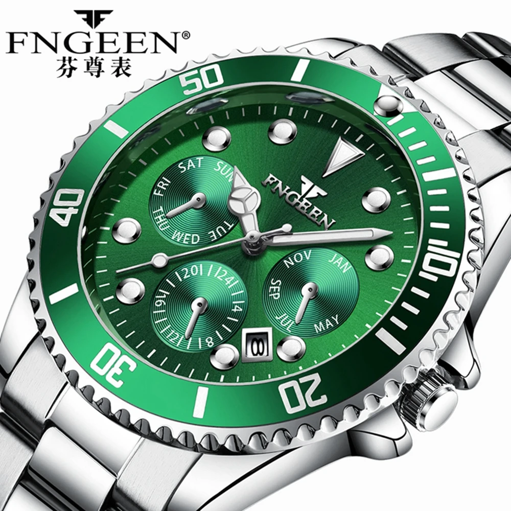 

Reloj Hombre Fashion Green Dial Watch Rolexable Men Stainless Steel Waterproof Clock Male Quartz Calendar Luxury Wristwatches