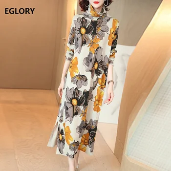 

2019 Autumn Winter Fashion Knitted Dress High Quality Women Turtleneck Flower Patterns Knitting Long Sleeve Casual Sweater Dress