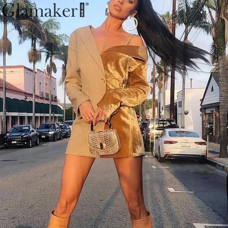Glamaker элегантные на одно плечо Плетеный Блейзер Платье женское бархатное