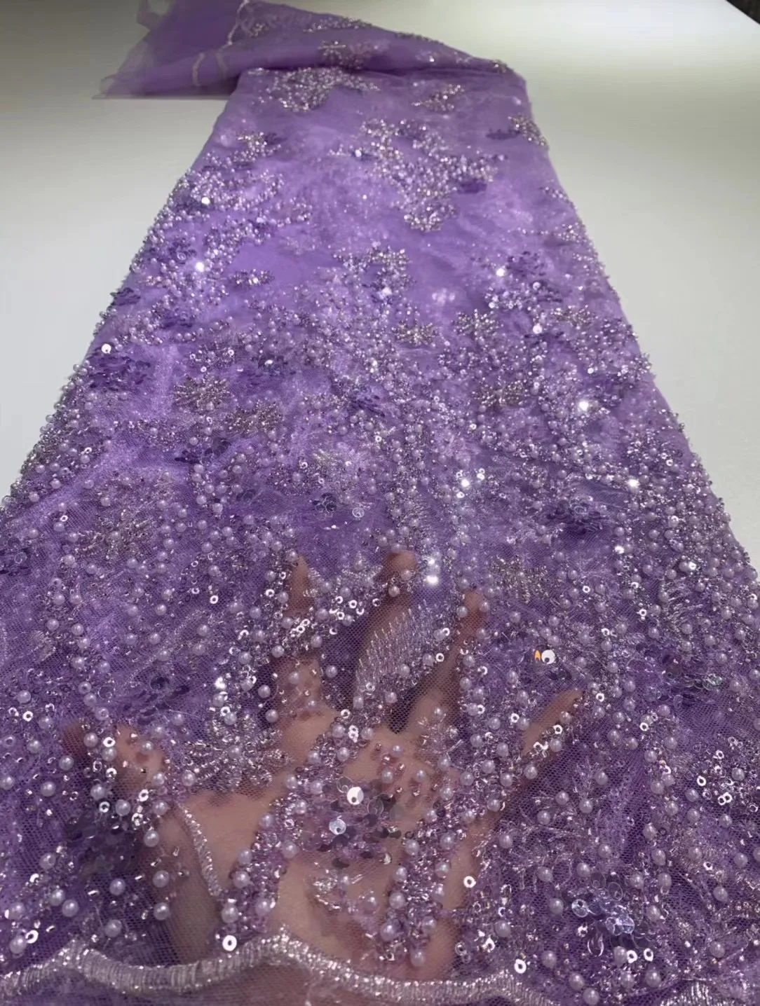 

(5yards/pc) High quality lilac purple African tulle lace with lots of beads sequins embroidered French net lace for dress FXZ136