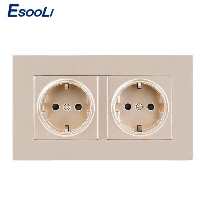 

Esooli High Quality Gold Plastic Wall Power Dual Socket Plug Grounded, 16A EU Standard Electrical Double Outlet 146mm * 86mm