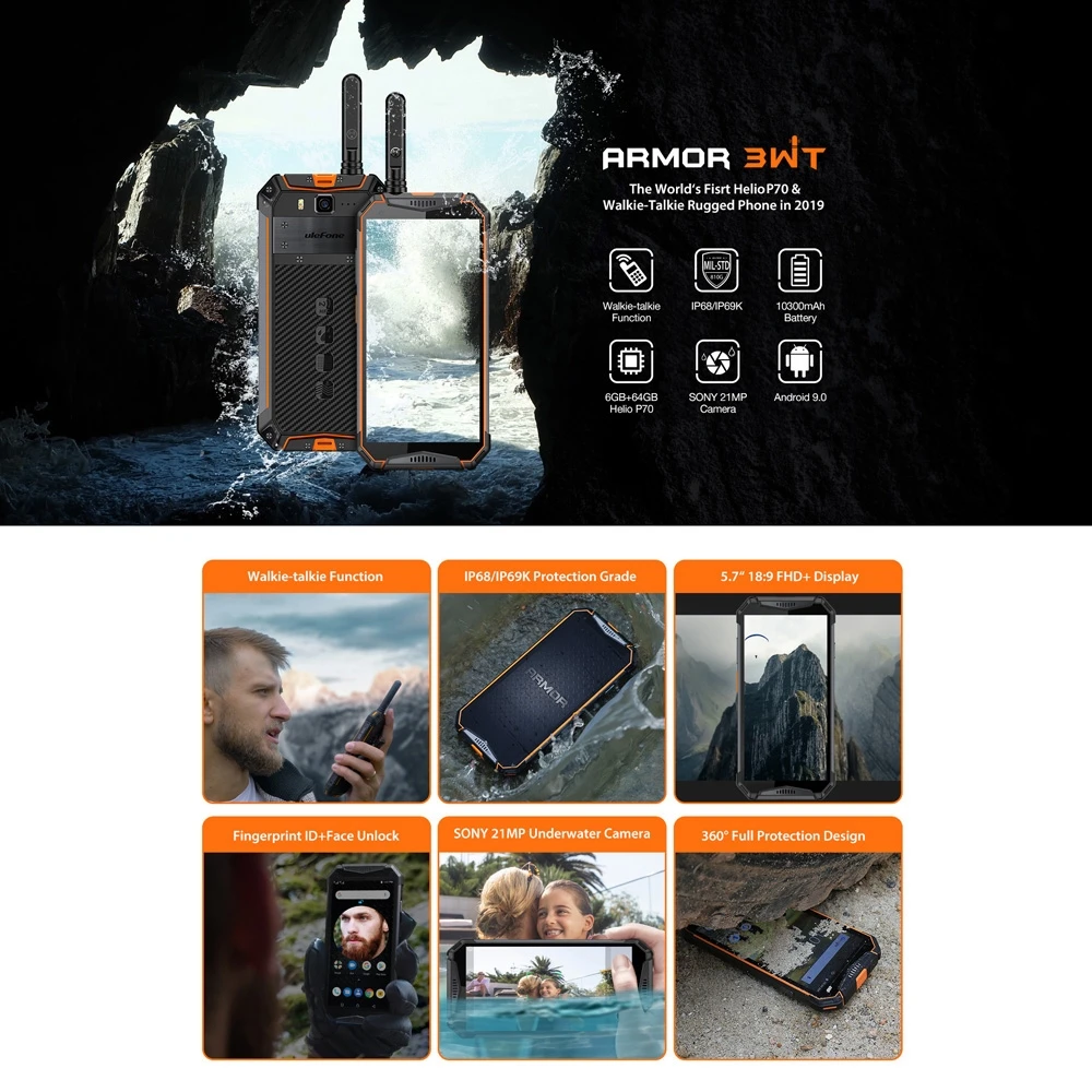 Ulefone Armor 3WT 5,7 ''Android 9,0 мобильный телефон 6 Гб 64 Гб 10300 мАч рация Helio P70 Восьмиядерный двойной SIM NFC OTG Смартфон