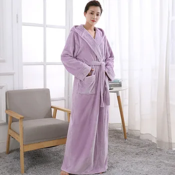 

Pocket Winter Female Long Purple Flannel Belt Pajamas Hooded Bathrobe Thick Coral Sleepwear Home Wear Sexy Peignoir Pregnant