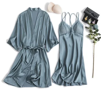 

Women Robe Gown Set Sets New Sexy Lace Bathrobe + Night Robe 2 Pieces Sleepwear Womens Sleep Set Faux Silk Robe Femme Lingerie