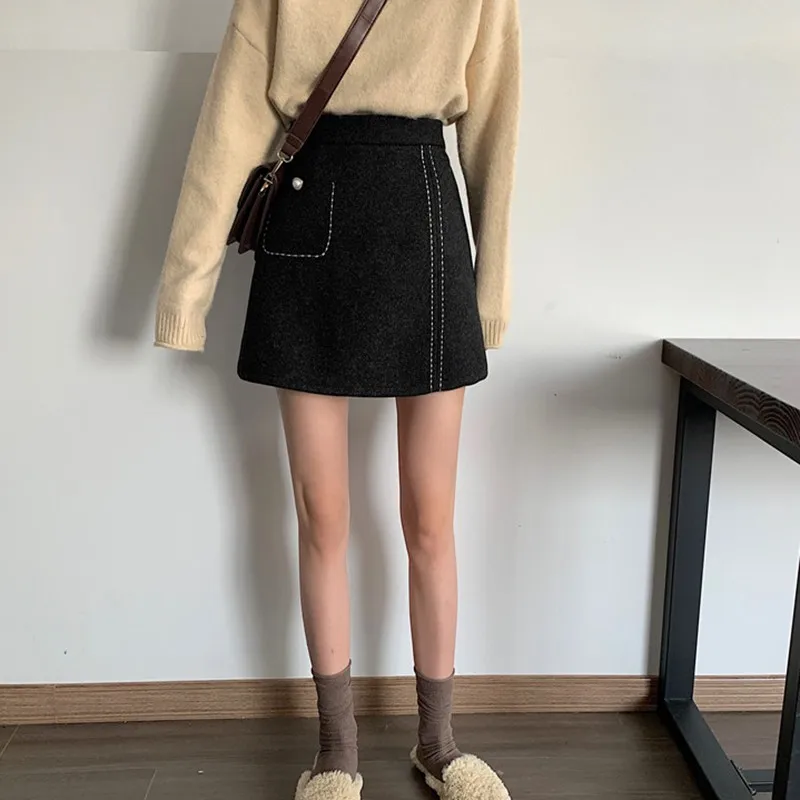 Women Skirt Pearl Button Skirt High Waist Woolen Skirt Temperament  Slim Solid Color Skirt