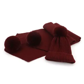 

2Pcs/Set Adult Children Winter Knit Faux Wool Fluffy Pompom Hat Long Scarf Set AXYD