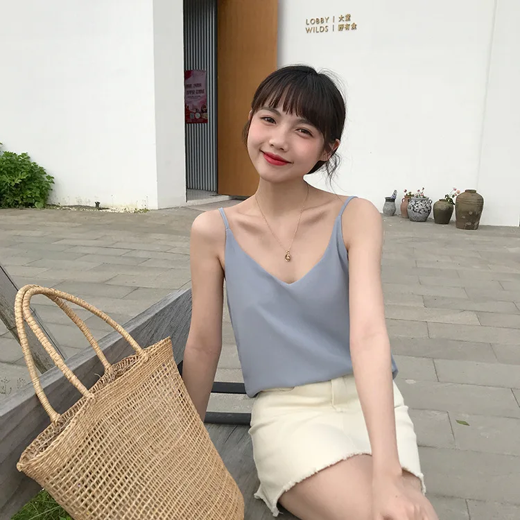 

Quality Inspection Photo Shoot 2019 Korean-style Summer New Style Solid Color Chiffon Camisole Vest with Lining