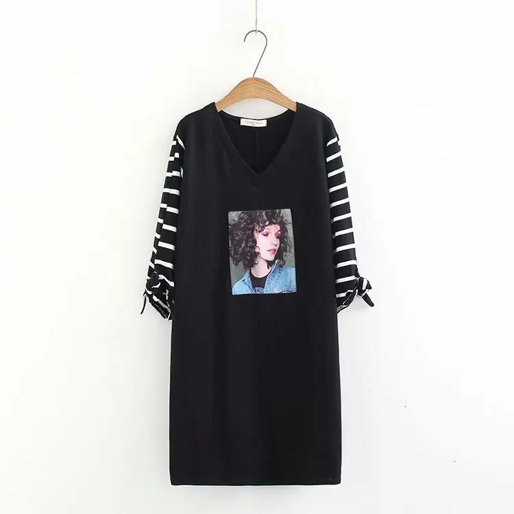 

Plus Size Women's Shirt Printing Strip One Linen Casual Mini Dresses