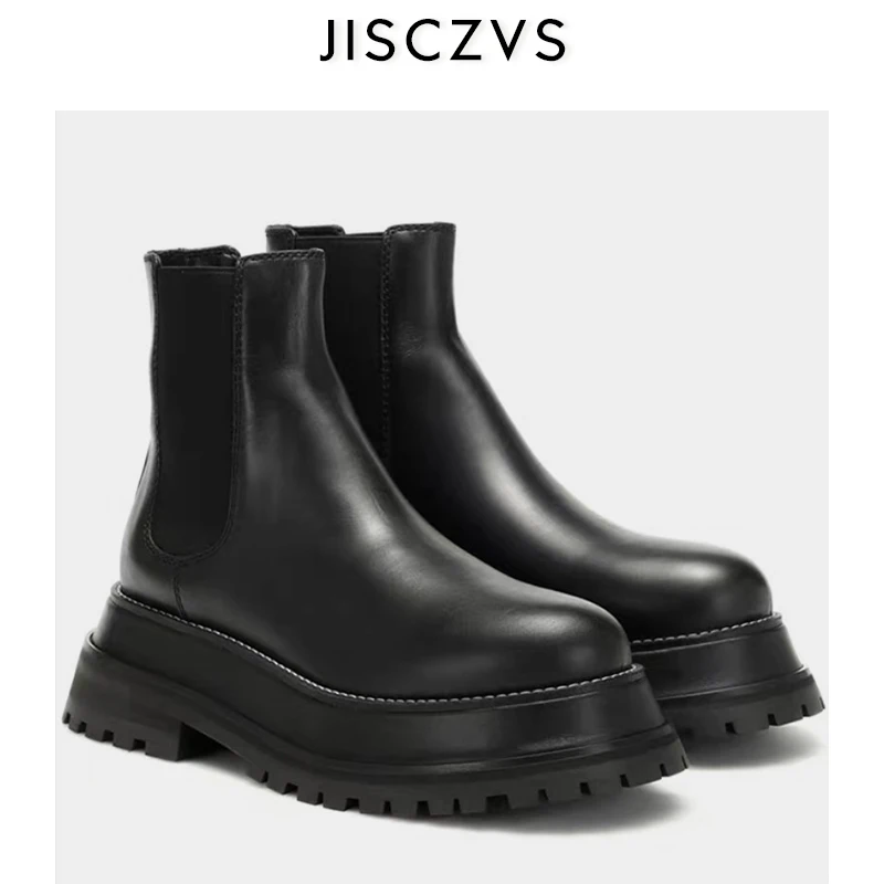 

2019 Black Thick Bottom Chelsea Boots Woman Round Toe Slip One Ankle Boots For Woman Fashion Motorcycle Designer Ankle Boots