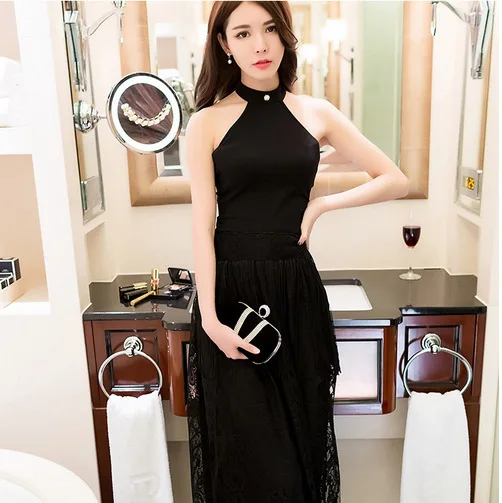 

High-End WOMEN'S Dress 2019 Summer Debutante Elegant Elegant Slim Fit Sexy Halter Backless Tops Slimming Long Skirts Two-Piece S