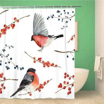 

66x72 Inches Shower Curtain Watercolor Pattern with Bullfinch and Red Blue Berries Hand Painted Ornament Birds Waterproof