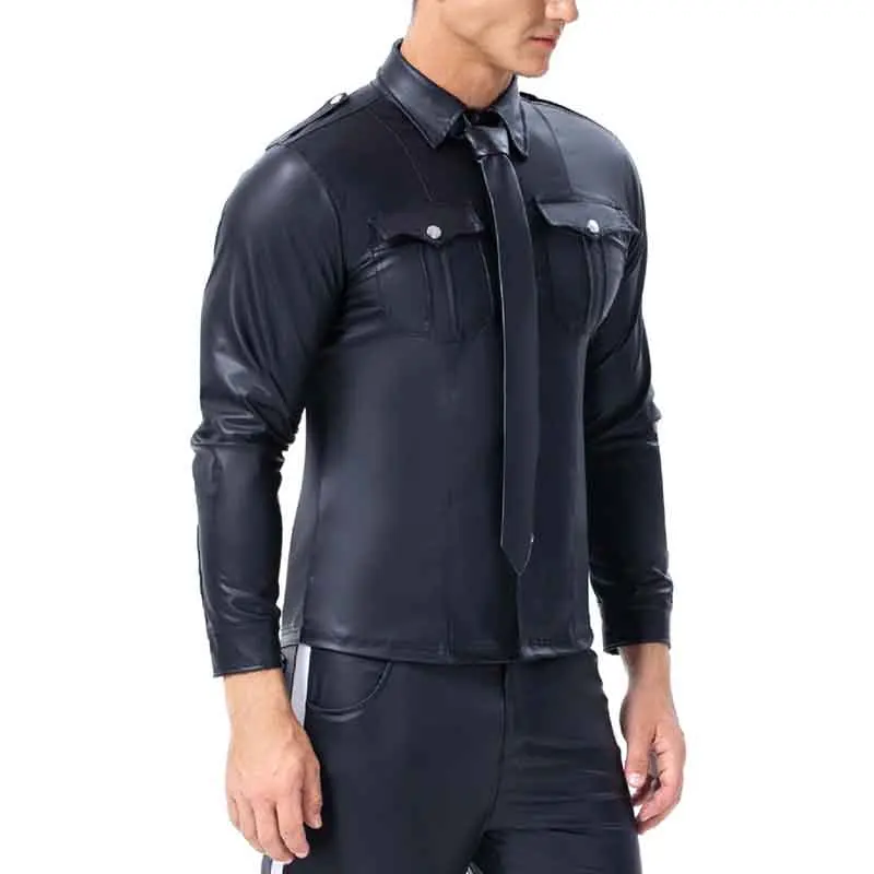 Black Faux leather Long Sleeve Mens t Shirt PU Leather T Shirts Men Sexy Fitness Tops Gay Tee Shirt Homme Sexy Party Clubwear (7)