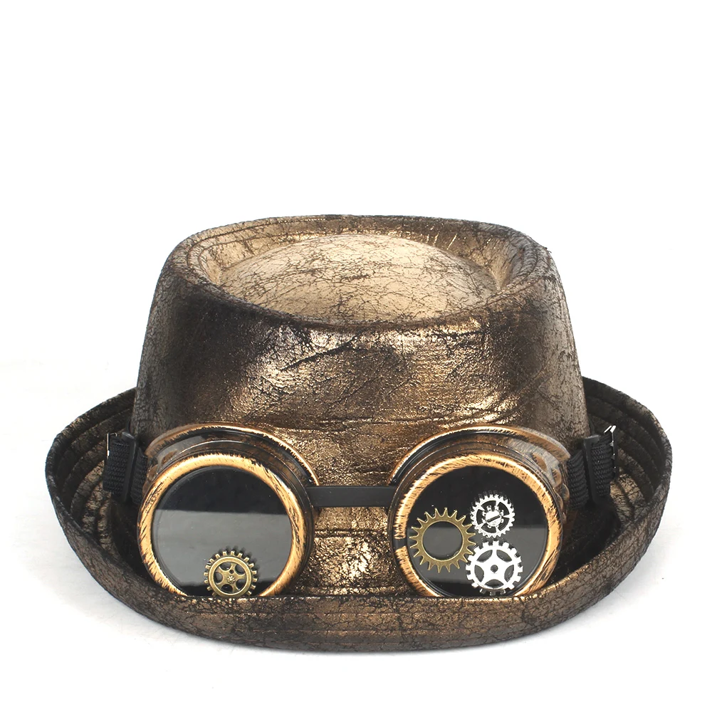 2 Size Leather Steampunk Hat For Men Fedora Pork Pie Gear Glasses Flat Top Gentleman Bowler Gambler Cosplay | Аксессуары для
