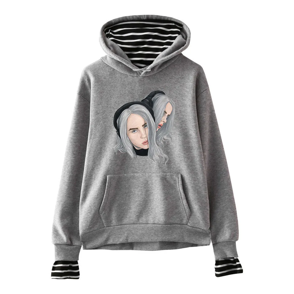 Billie Eilish, женская одежда в стиле хип-хоп, Осенний Хлопковый пуловер с круглым вырезом, Harajuku, для девочек, с длинным рукавом, в полоску, с манжетами, уличная одежда для девочек - Цвет: gray - style 2