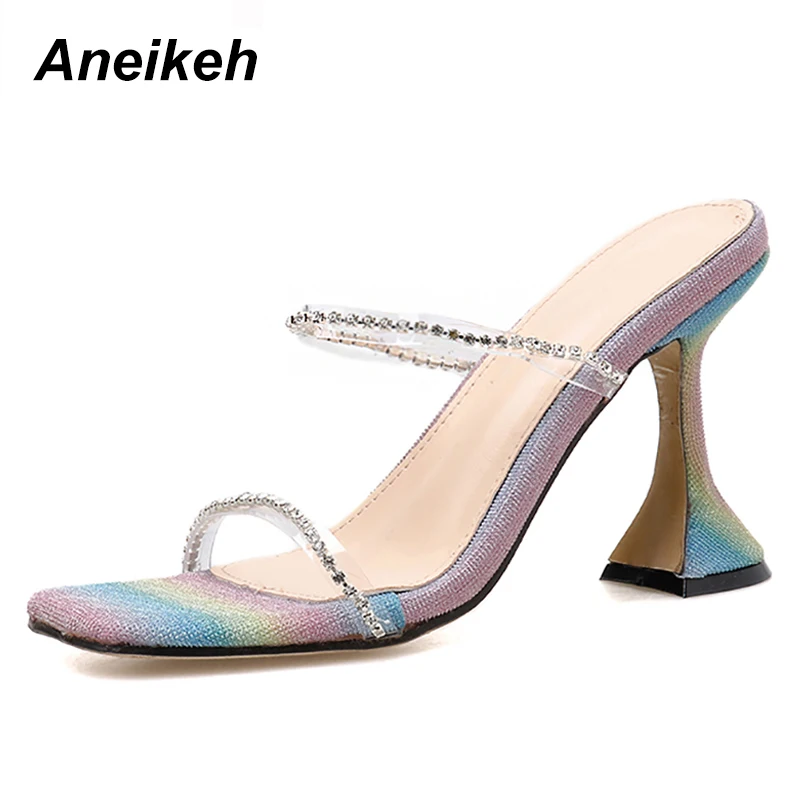 

Aneikeh 2020 PVC Sandals Iridescent color Sequins Rhinestone Fashion Women Peep Toe High Heels Sandals Lady Slingback Shoes 41 4