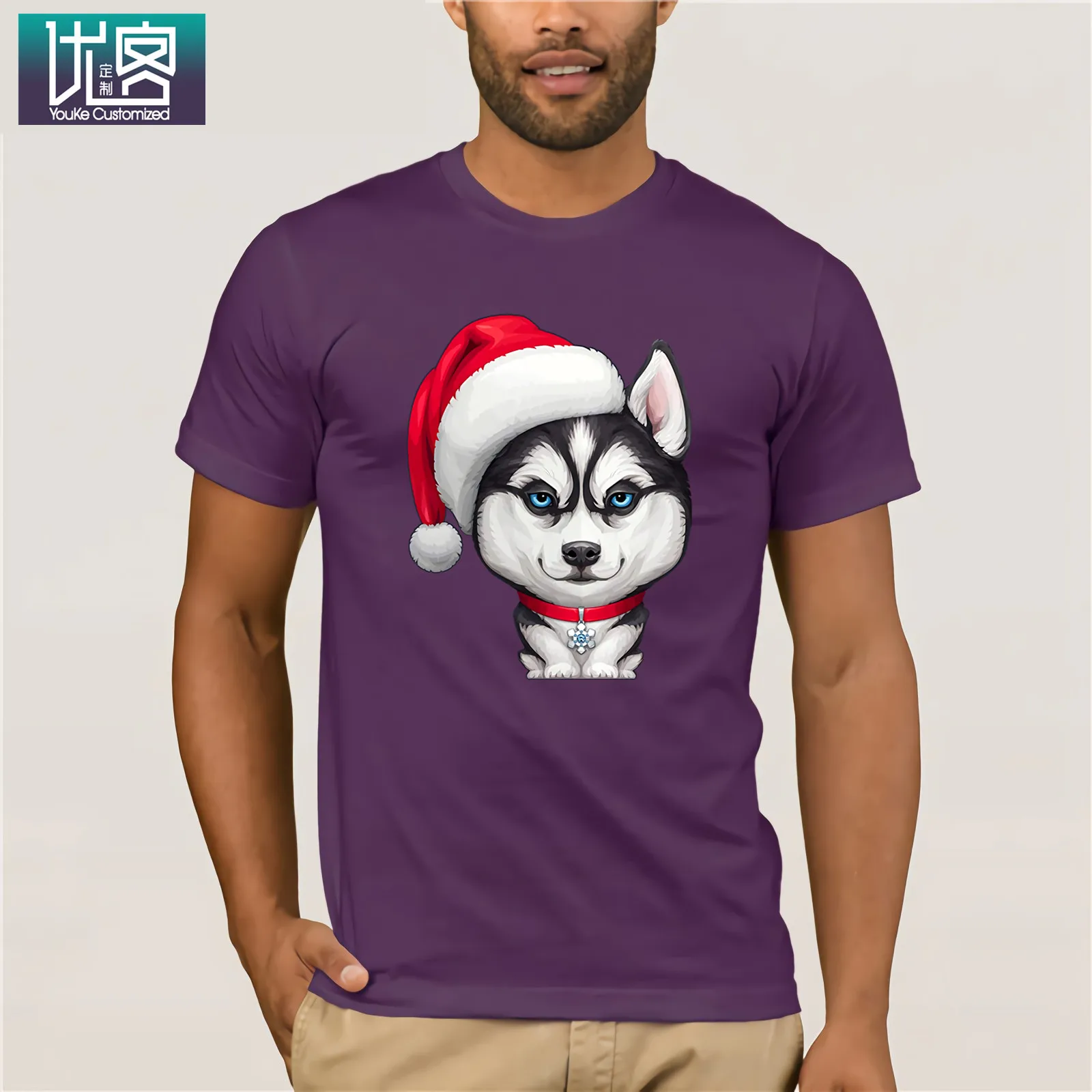 Siberian Husky Wearing A Santa Hat Рождественская футболка удивительные Уникальные повседневные топы с короткими рукавами винтажные с вырезом лодочкой