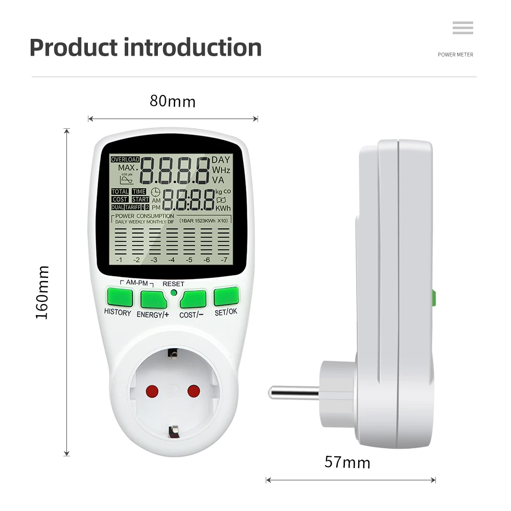 Power Meter Digital LCD Energy Watt Meter Wattmeter Wattage Electricity Kwh Power Monitor Electric Meter Measuring Outlet Power Analyzer