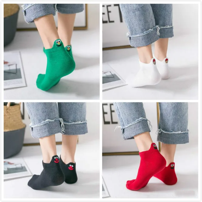 color 6 4 Pairs/lot Women Socks Kawaii Embroidered Expression Boat Socks Candy Color Cotton Breathable Ankle Socks Unisex Funny Socks - Цвет: color 6