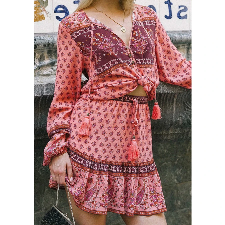 Женская блузка с цветочным принтом TEELYNN розовая хлопковая длинным рукавом и