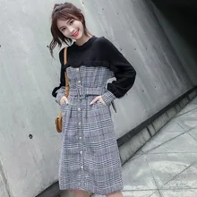 Весна, стиль, женское платье, вязанное, в клетку, шерстяное платье, женское, средней длины, макет, два предмета, талия, облегающая юбка
