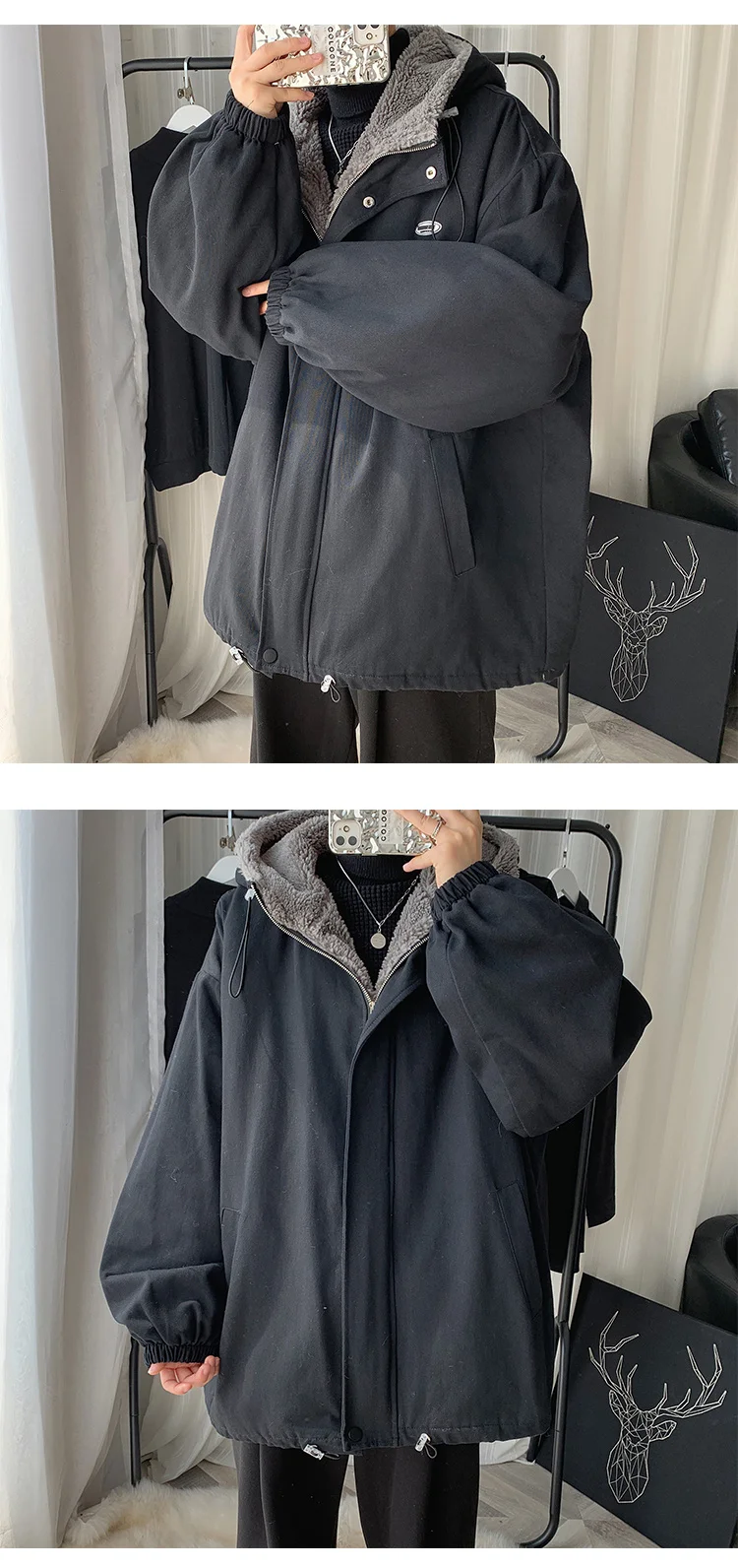 Winter Thick Lamb Fur Jacket Men Warm Fashion Hooded Coat Men Korean Loose Oversized Short Coat Mens Cotton Outwear Jackets