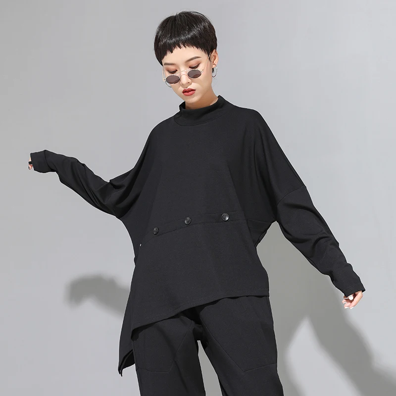 Женская водолазка с длинным рукавом черная свободная Асимметричная футболка