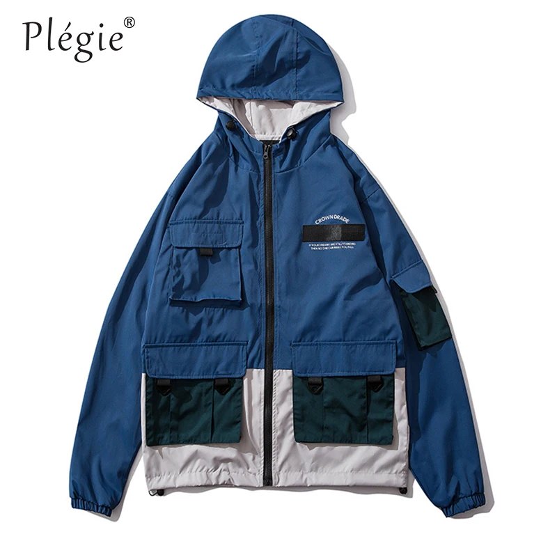 Plegie мужские куртки и пальто Уличная С Капюшоном осень унисекс Harajuku BlueJacket ветровка с несколькими карманами chaqueta hombre